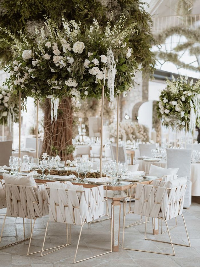 Wedding layout with white embroidered chairs on tables with luxury dinner settings. There are white rose and green spray floral chandeliers on top of each table.